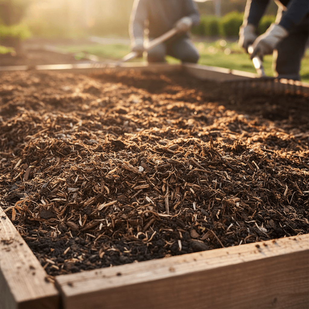 Close-up detail of fresh mulch installation in a garden bed