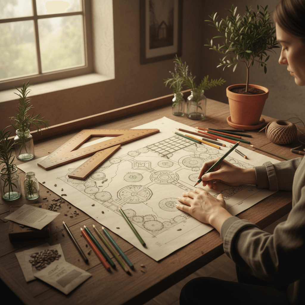 Landscape designer sketching custom garden plans on paper