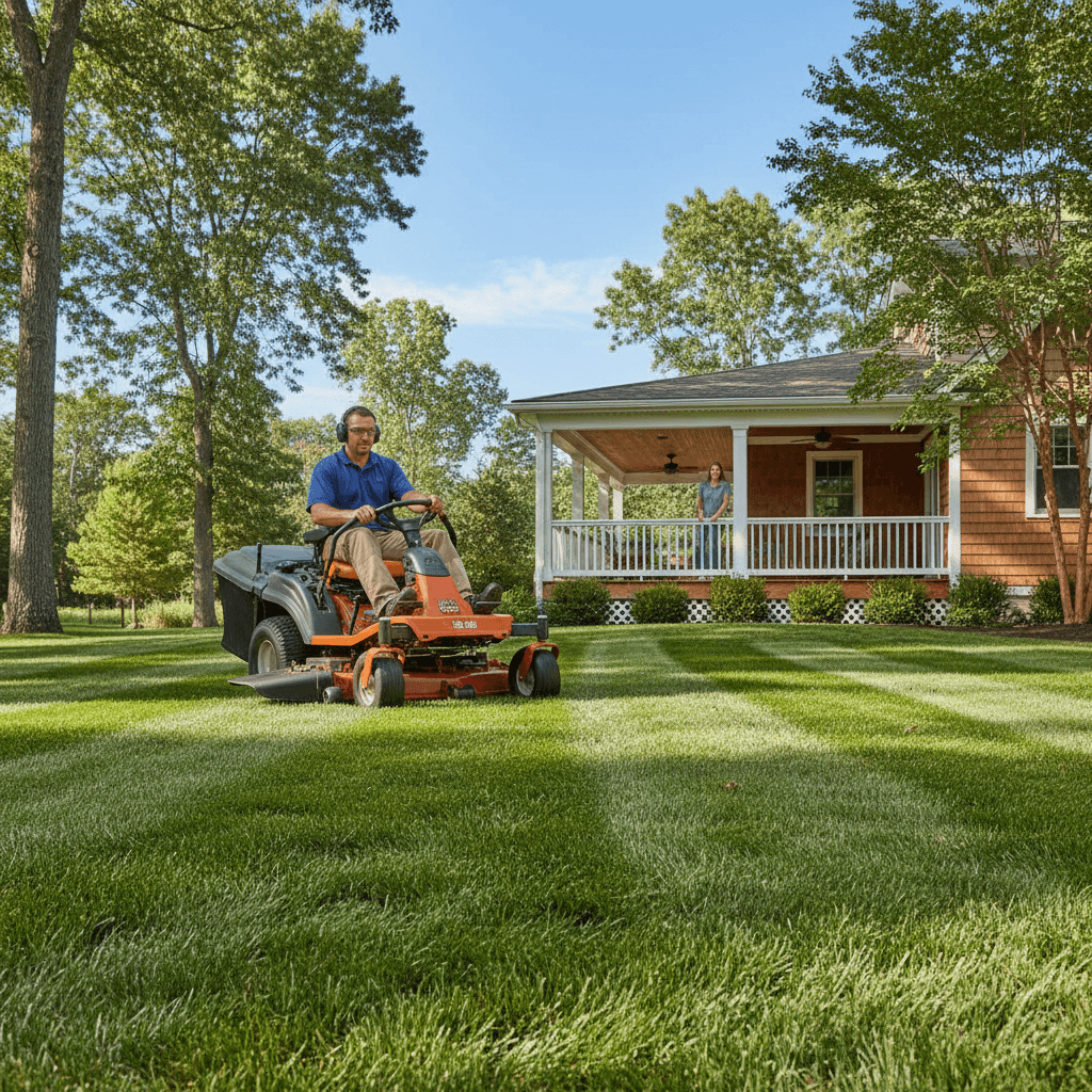 Professional landscaper mowing a residential lawn with precision