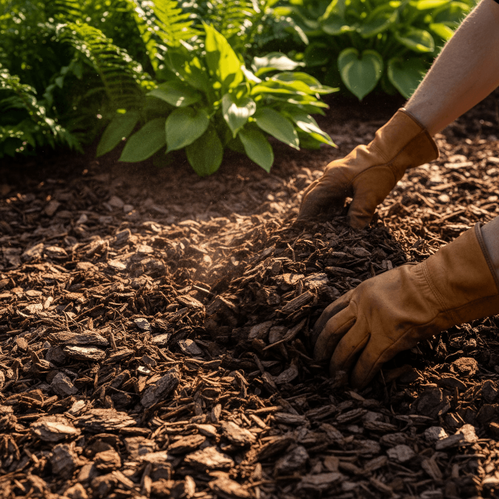 Landscaper applying fresh mulch to garden bed