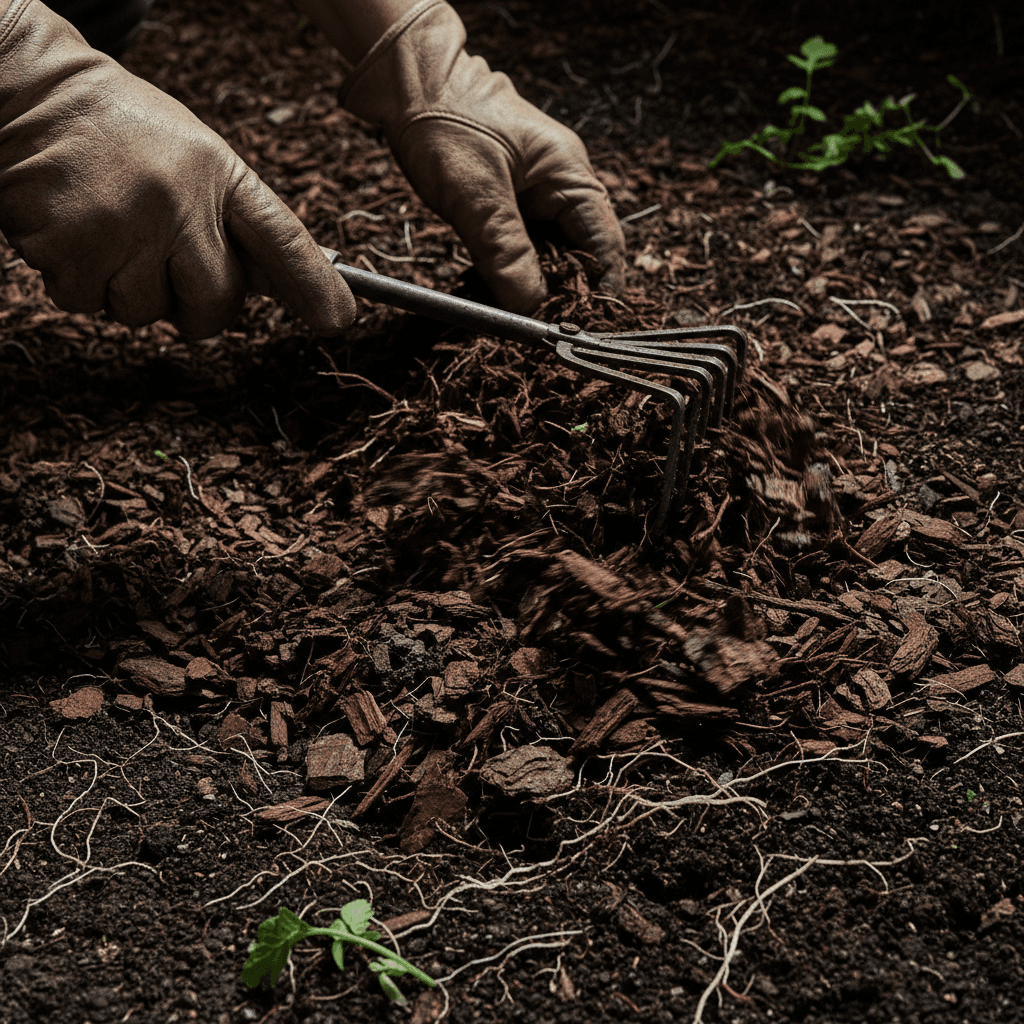 Fresh mulch application in garden beds