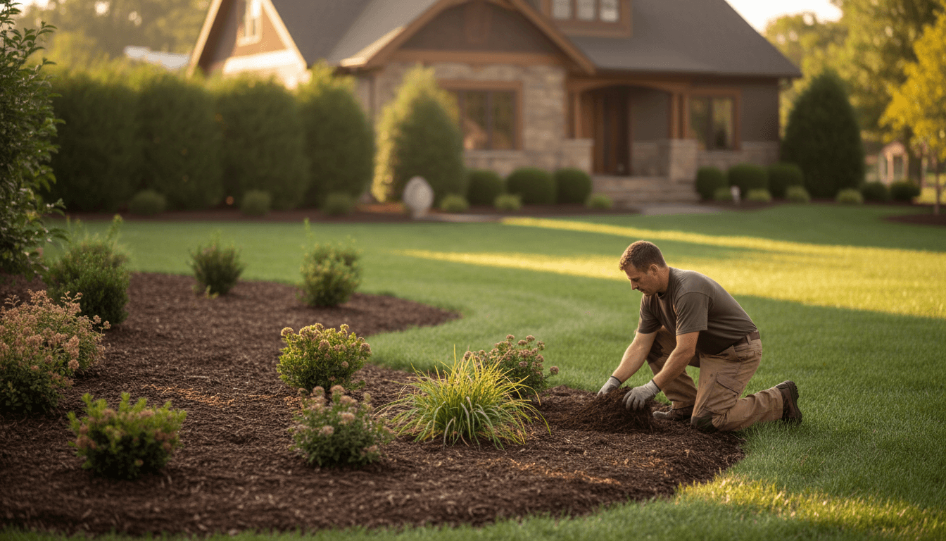 Professional landscaper working on a residential garden bed installation with mulch and landscaping design in Ohio