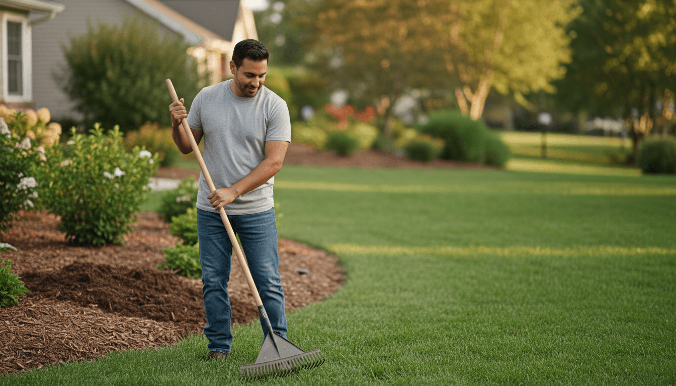Landscaping professional working in a residential yard in Ohio