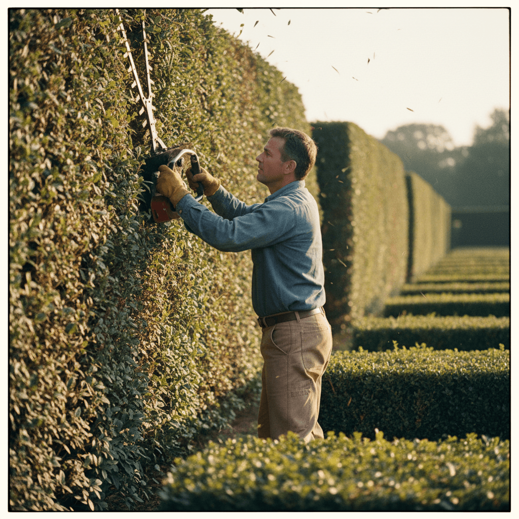 Landscaper carefully trimming hedges to shape and size