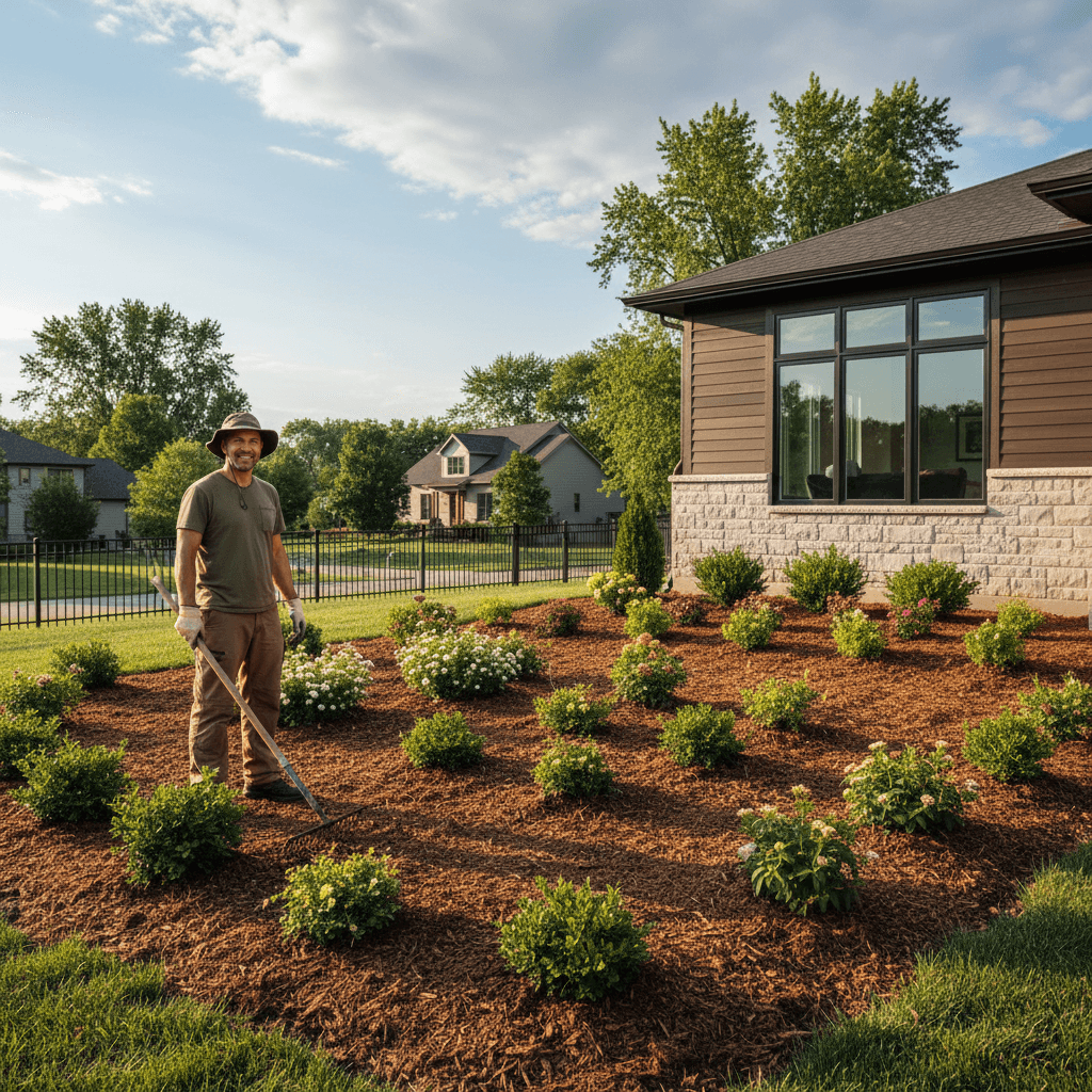 Landscaper installing mulch and garden beds around a residential home