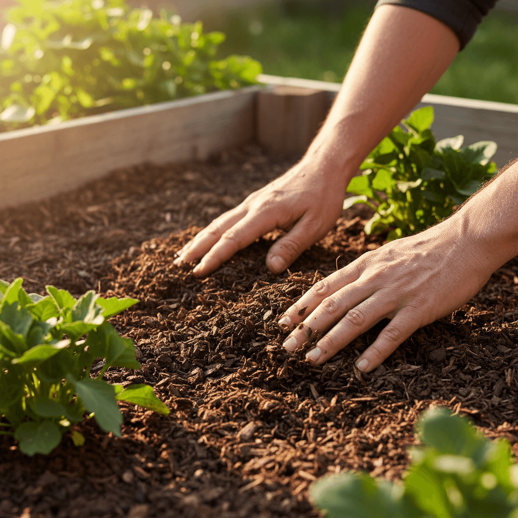 Mulch installation in garden beds