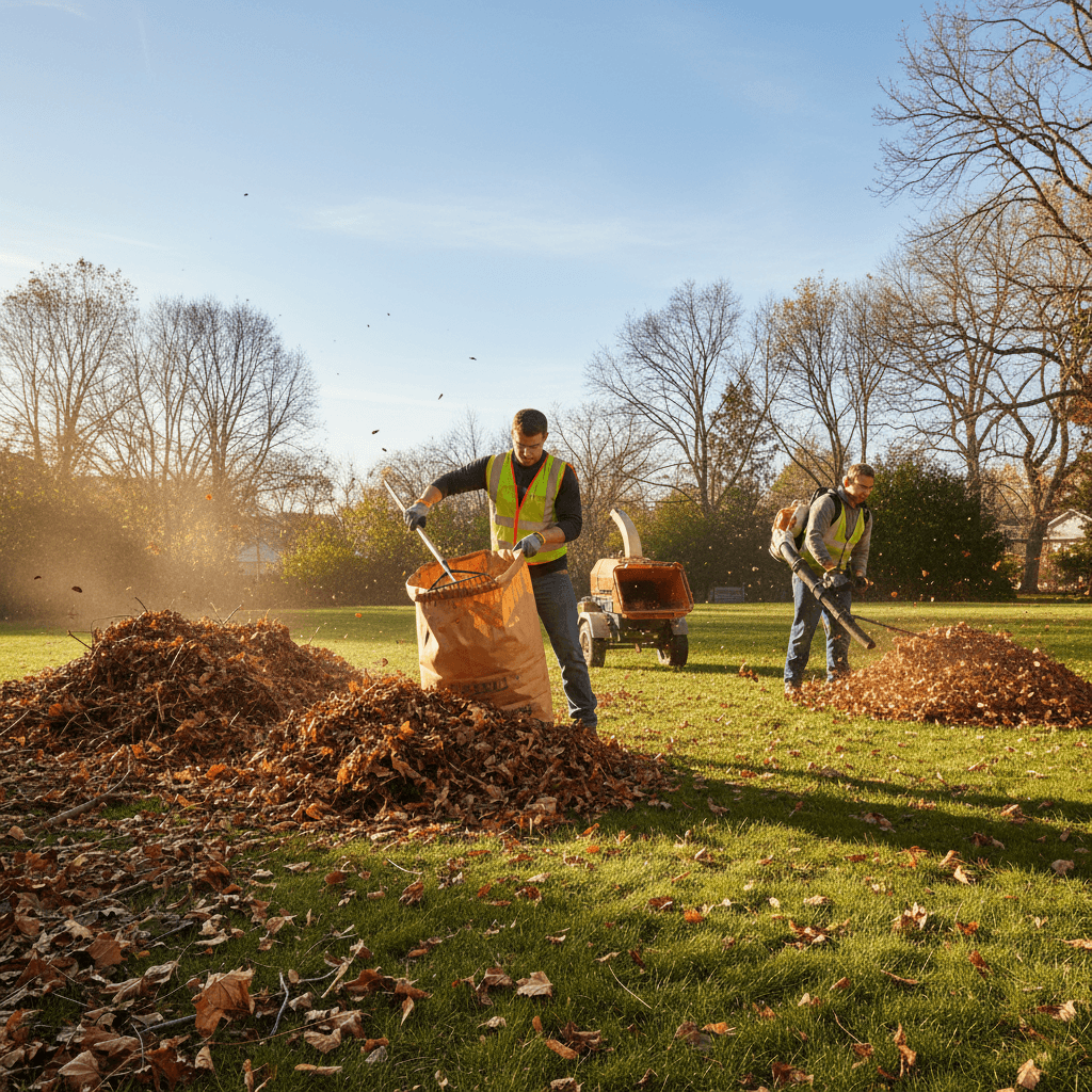 Landscaping team performing seasonal yard cleanup