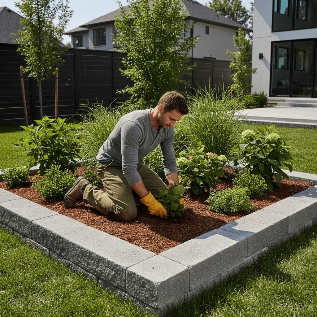 New garden bed installation with plantings