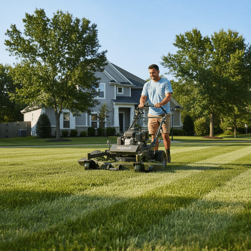 Professional lawn mowing service in progress
