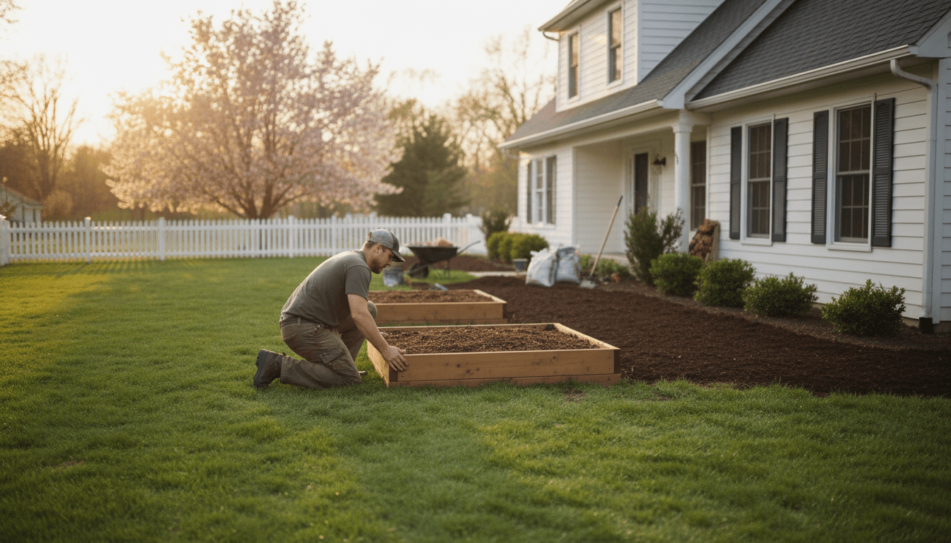 Professional landscaper installing mulch garden beds in Ohio residential property