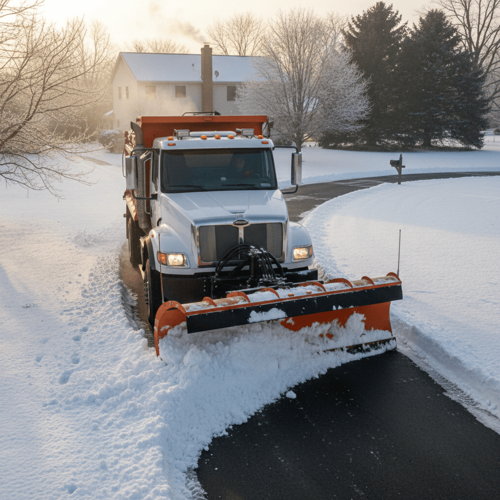 Snow removal service clearing a residential driveway during winter