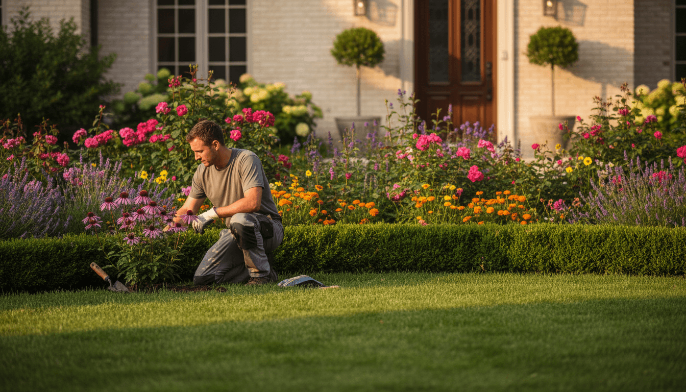 Professional landscaper tending to vibrant garden beds and manicured lawn in front of residential home